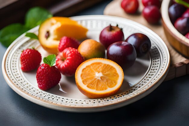 A plate of fruit and a slice of orange on a table