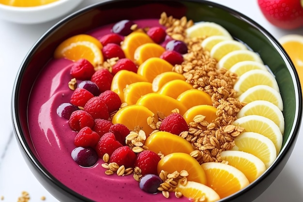 A plate of fruit smoothie with a garnish of fresh fruit nuts and granola