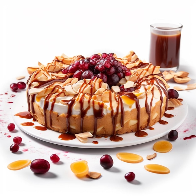 A plate of fruit tart with a glass of coffee behind it