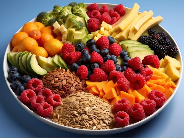 a plate of fruit and vegetables on a blue tablecloth with a blue background