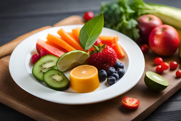 a plate of fruit and vegetables with a fruit on it