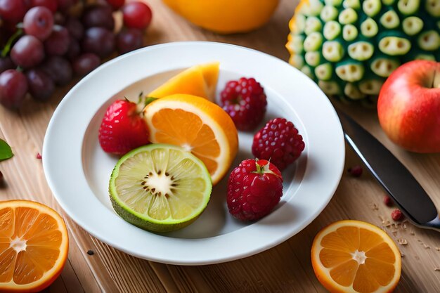 A plate of fruit and vegetables with a knife on the table