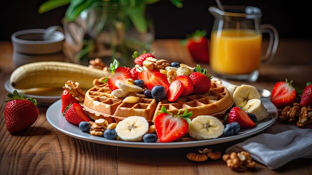 A plate of fruit and waffles on a table