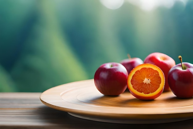 A plate of fruit with a blurred background