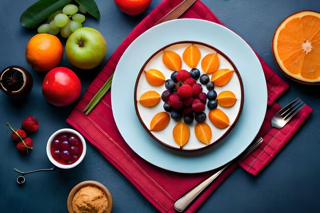 A plate of fruit with a bowl of fruit on it