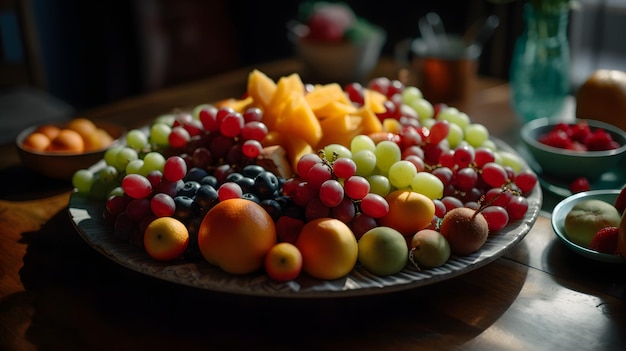 A plate of fruit with a bunch of grapes on it
