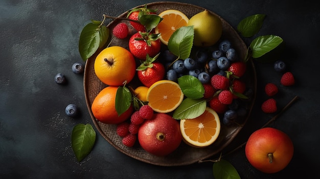 A plate of fruit with fruits on it