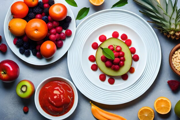 A plate of fruit with a green leaf on it