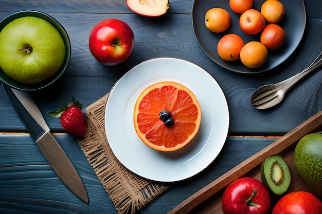 A plate of fruit with a knife and a knife on it