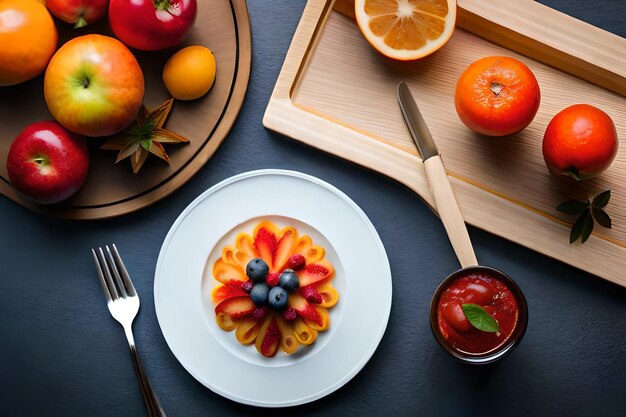 a plate of fruit with a knife and a knife on it