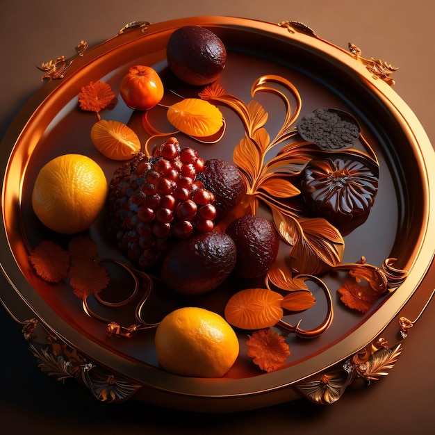 A plate of fruit with a leaf on it