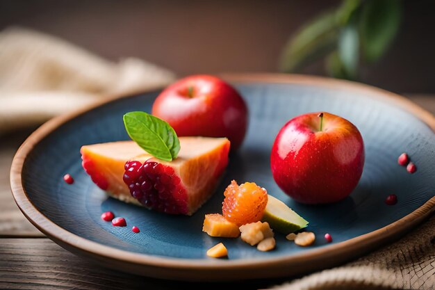 A plate of fruit with a leaf on it