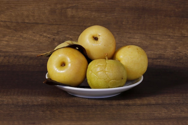 A plate of fruit with a pear on it