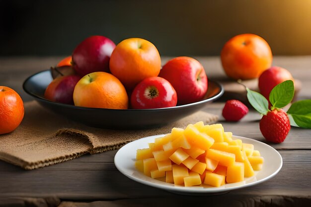 a plate of fruit with a plate of cheese and fruit on a table