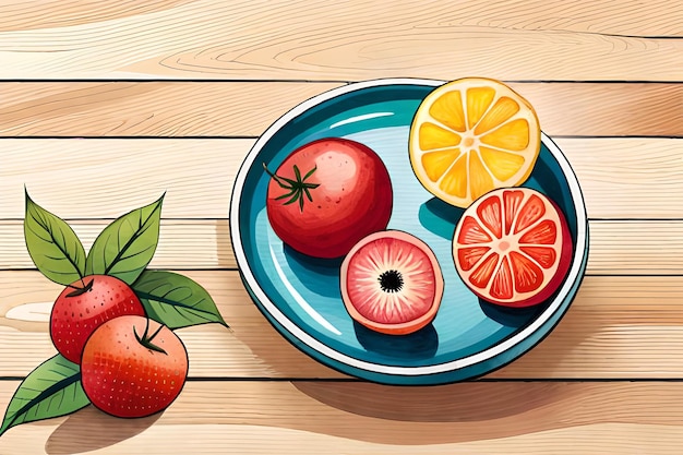 A plate of fruit with a plate of fruit on it and a green leaf on the table.