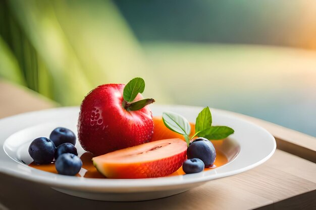 A plate of fruit with a strawberry and blueberries on it