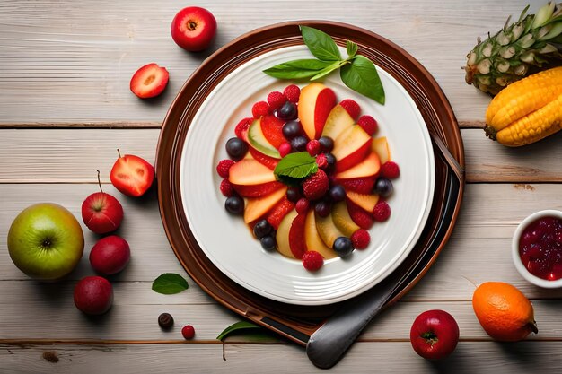 a plate of fruit on a wooden table with a plate of fruit on it