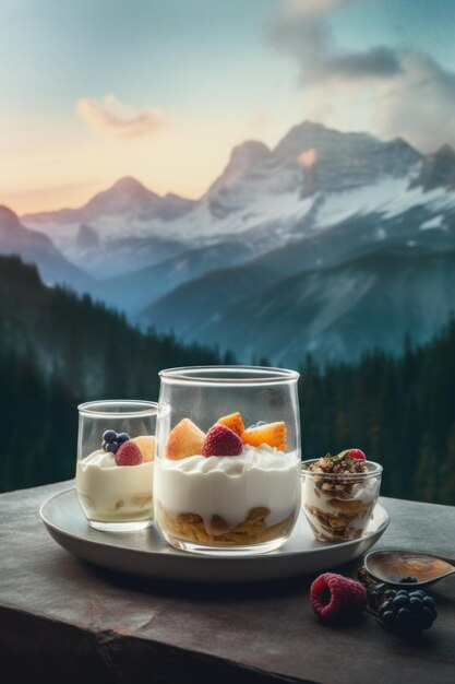 A plate of fruit and yogurt on a table with mountains in the background generative ai image