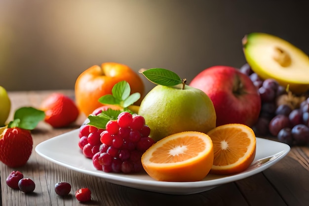 тарелка с фруктами, включая яблоки, апельсины и малины.