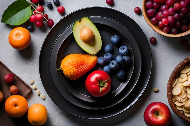 A plate of fruits and vegetables with a black plate with the word fruit on it