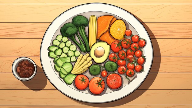 Foto un piatto di frutta e verdura su un tavolo da pranzo in legno