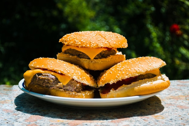 Plate full of cheeseburgers in garden