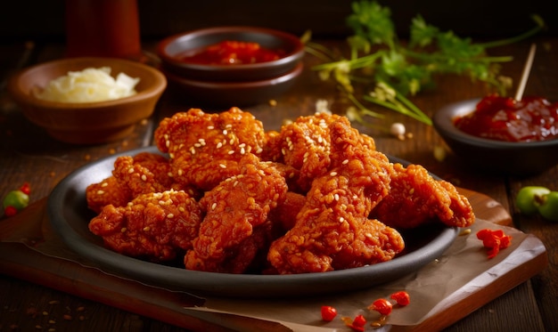 Plate full of fried chicken with sesame seeds on the side and bowl of sauce in the background Generative AI