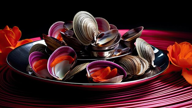 Photo a plate full of seashells on a table