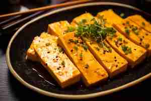 Photo plate full of sliced tofu