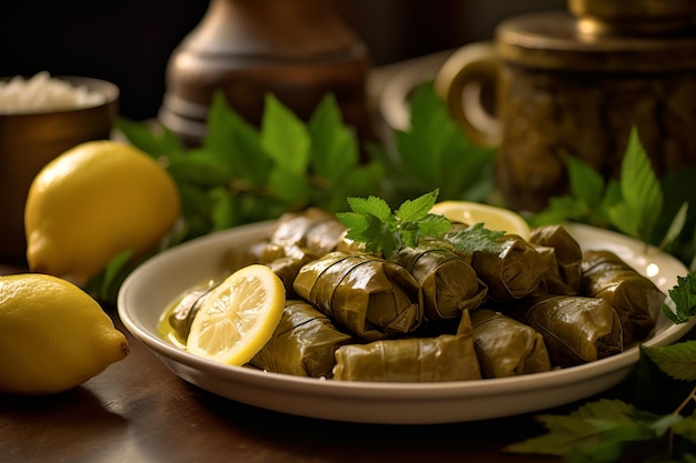 A plate full of stuffed grape leaves Dolma garnished with fresh lemon slices