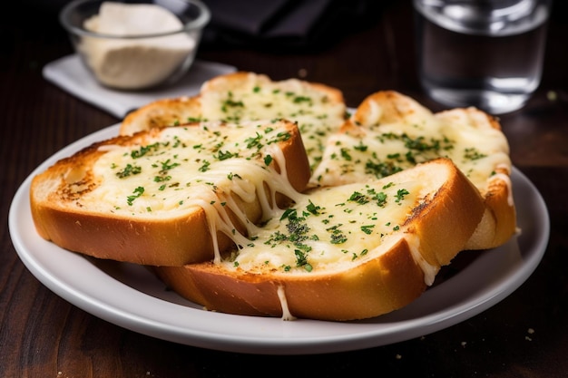 A plate of garlic bread with a slice of cheese on it