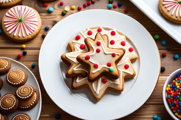 A plate of gingerbread cookies with a cup of coffee and a plate of cookies with the words christmas on it.