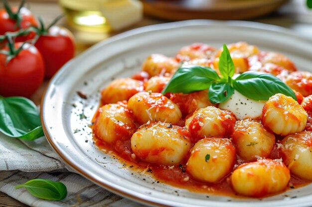 Gnocchi alla sorrentina의 접시: 감자, 토마토 소스 및 모차라 치즈로 만든 고전적인 파니아 요리