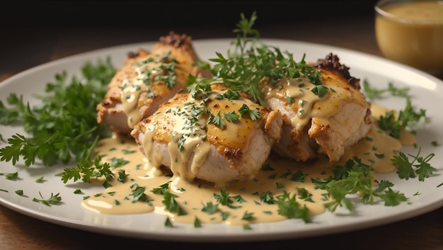 A plate of golden brown chicken thighs in a creamy mustard sauce garnished with fresh herbs