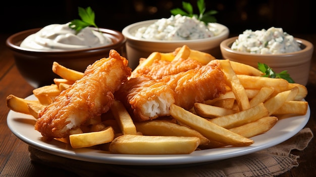 Plate of Golden Brown Fish and Chips Featuring