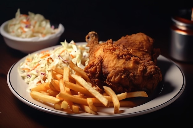 A plate of golden brown fried chicken served with crispy French fries and potatoes