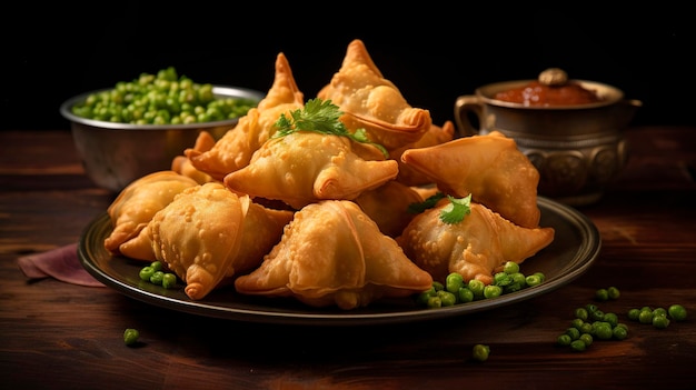 A plate of golden and crispy samosas filled with spiced potatoes and peas