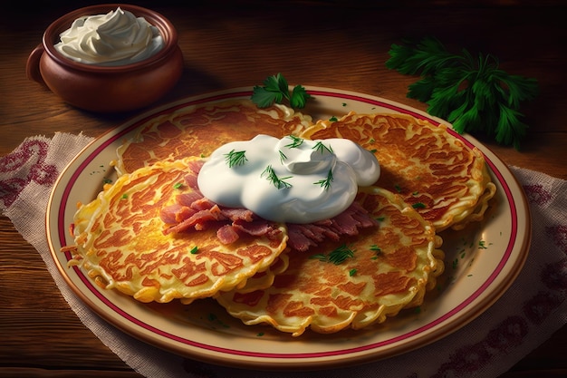 plate of golden fried potato pancakes with meat filling and sour cream