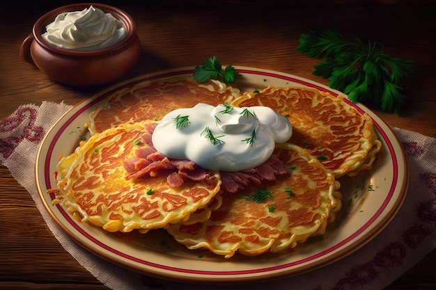 Plate of golden fried potato pancakes with meat filling and sour cream