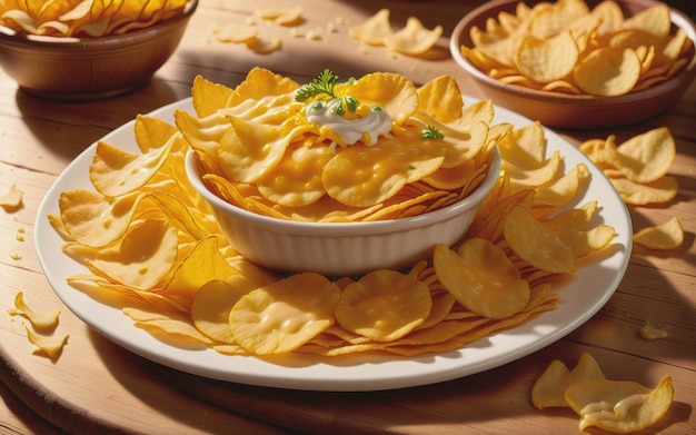 a plate of golden potato chips adorned