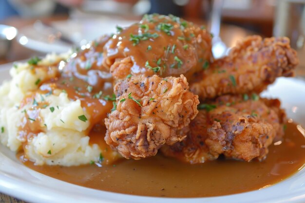 Photo a plate of goldenbrown fried chicken served with creamy mashed potatoes and gravy ai generated