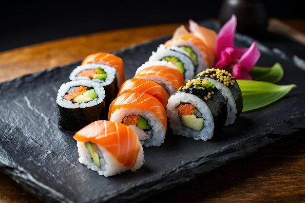 A plate of gourmet sushi rolls arranged artfully on a slate platter