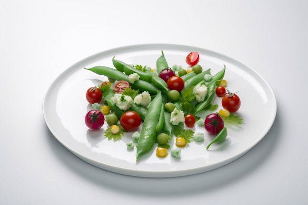 Тарелка зеленой фасоли и помидоров на белом фоне