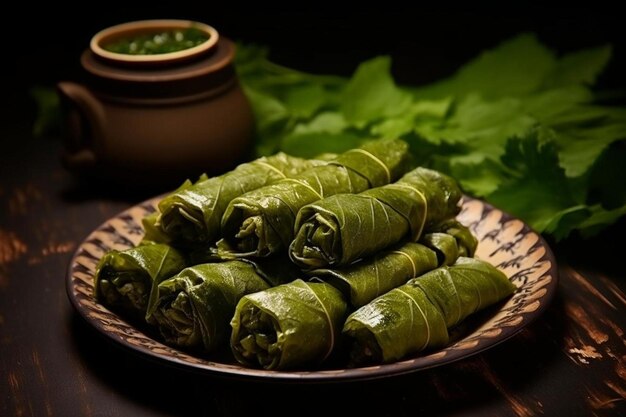 Photo a plate of green beans with a pot of parsley on it