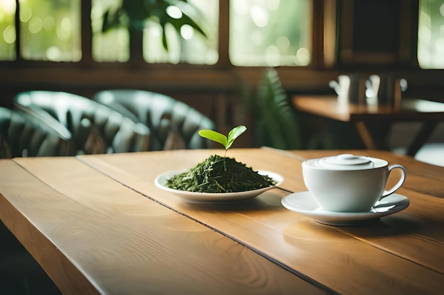 a plate of green food with a leaf on it