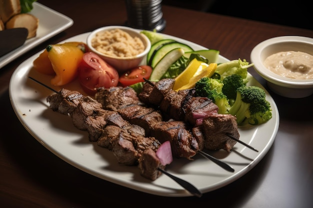 Plate of grilled beef shishkabob served with chopped vegetables and hummus