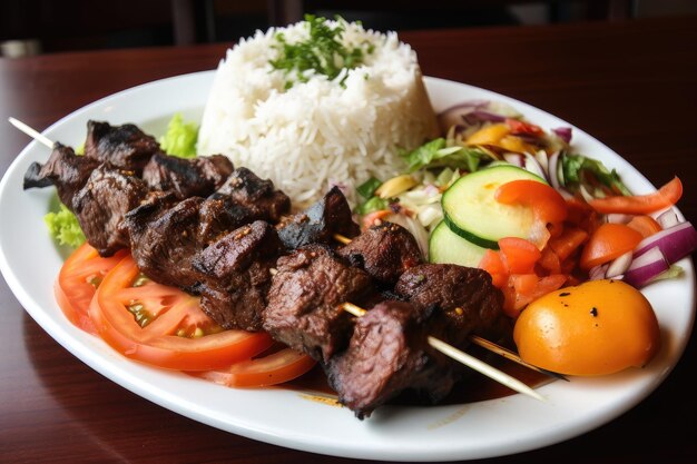 Plate of grilled beef shishkabob served with side of rice and vegetables