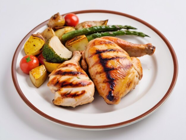 a plate of grilled chicken vegetables