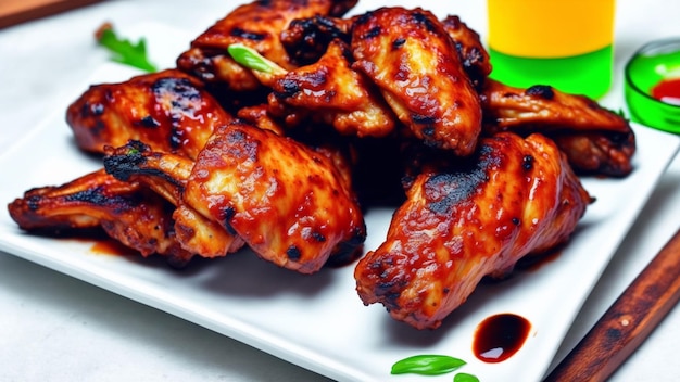 A plate of grilled chicken wings with a cup of green mustard on the side.