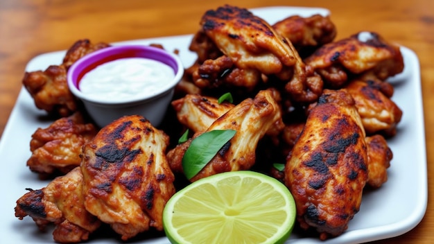 A plate of grilled chicken wings with a side of ranch dressing.